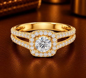 Bague de Mariage en Or 14K 18K avec Diamant de Laboratoire Taille Ronde et Halo Coussin, Bague à Double Pavé DEFVVS 1.00Ct, ODM - Product Image 1