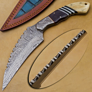 Custom Handmade Forged Damascus Steel Tracker Knife - Full Tang Outdoor Survival Hunting Fixed Blade Knife with Cowhide Leather - Product Image 1