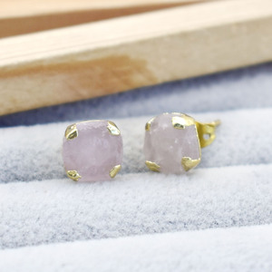 Rose Quartz Gemstone <b>Stud</b> <b>Earring</b> Gold Plated Prong <b>Set</b> Handmade Birthstone Jewelry Gift Women Elegant Minimalist - Product Image 3