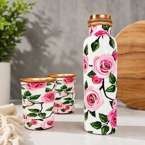 Rose floral copper bottle Copper bottle with <b>glasses</b> Handicraft copper drinkware Floral design copper set - Product Image 1