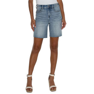 Nuevas llegadas: Shorts de mezclilla de cintura alta para mujer, elásticos, de ajuste regular, de algodón transpirable con forro polar y decoración de logo. Servicio OEM disponible. - Product Image 1