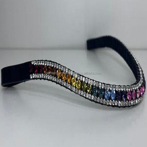 Motif arc-en-ciel personnalisé 3 rangées de cristaux de diamants incurvés bling noir marron bande de sourcil de cheval rembourrée en cuir de toutes tailles et formes - Product Image 6