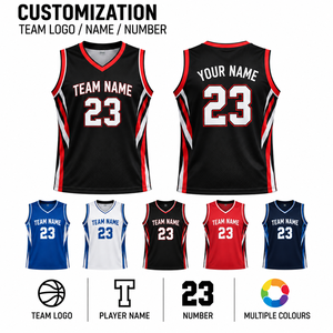 Conjunto de Uniforme de Baloncesto Sublimado Personalizado, Negro, Rojo y Blanco, Patrón Geométrico, Cuello en V, Sin Mangas, Ropa Deportiva que Absorbe la Humedad - Product Image 5