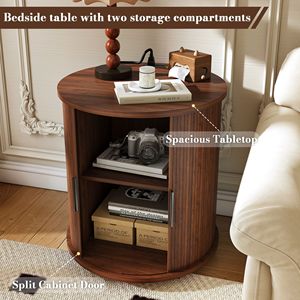 Comodino Moderno Stile Mid-Century con 2 Ripiani, Tavolino Cilindrico con Stazione di Ricarica Integrata, Porta Scorrevole USB per Appartamenti - Product Image 5