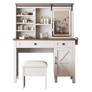 Toeletta Stile Rustico con Specchio Scorrevole, Luci, Porta Asciugacapelli e Presa di Ricarica - Ripiani Multi-Livello - Product Image 1