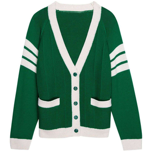 Cardigan en tricot vert pour femme, col en V, manches longues, style preppy, boutons sur le devant, couleur unie, pull pour l'automne - Product Image 1