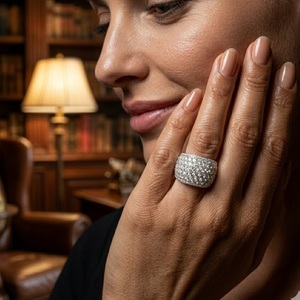 Classic 18k White Gold Natural Diamond Round Brilliant Cut Fancy Broad Ring with Pave Setting Women's Wedding Party Gift Jewelry - Product Image 3