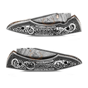Couteau pliant professionnel en acier Damas de qualité industrielle OEM - 19 cm, pour la chasse, avec manche en os de chameau gravé au laser Saga - Product Image 6