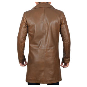 Brown Genuine Leather Long Trench <b>Coat</b> Notched Collar <b>Single</b> <b>Breasted</b> Button Closure Casual Autumn Outerwear - Product Image 2