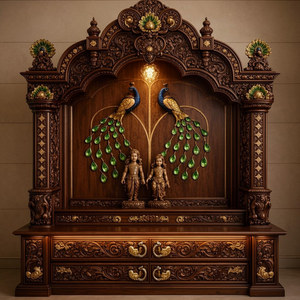 Mandir en bois au design paon pour salle de prière, temple domestique de designer en teck massif avec rangement, temple indien haut de gamme au design paon, USA - Product Image 2