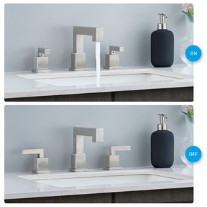 Rubinetto da Bagno Moderno a 3 Fori con Design a Cascata e 2 Maniglie, Finitura Nichel Spazzolato per Lavabo - Product Image 2