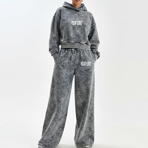 Ensemble de survêtement pour femme délavé à l'acide, comprenant un sweat à capuche et un pantalon de survêtement large, style oversize, streetwear tendance, avec option OEM - Product Image 1