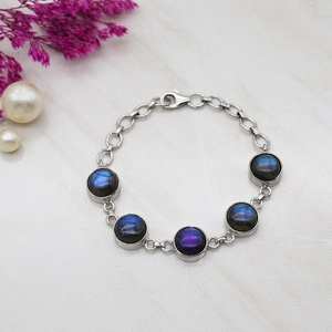 Pulsera de labradorita en plata de ley, ajustable, con piedra preciosa redonda, joyería de piedra preciosa azul místico, regalo para mujer - Product Image 4
