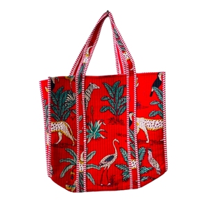 Handmade Animal Print Block Printed Quilted Cotton Bohemian Tote <b>Bag</b> Trim Zipper Closure Elegant Style <b>Beach</b> Shopping Travel - Product Image 1