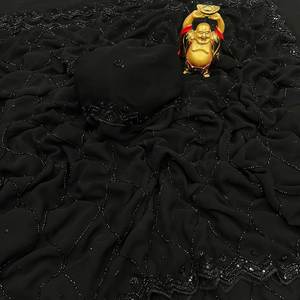 Magnifique sari noir pour occasions spéciales, orné de perles complexes et de détails faits main sur un tissu Georgette pur. - Product Image 1