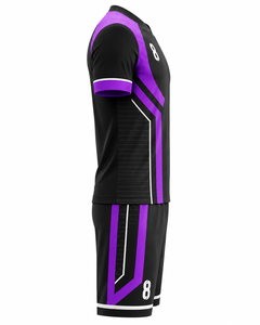 Ensemble maillot et short de football pour homme, noir et violet, col en V, sublimé, anti-humidité, 100 % polyester, taille élastique, numéro 8 - Product Image 3