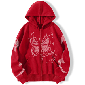 Sudadera con capucha y cremallera unisex roja, de forro polar extragrande, informal, con estampado de dragón, para otoño - Product Image 1