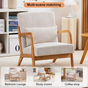 Mid-Century Modern Beige Accent Arm <b>Chair</b> with Pillow Upholstery Solid Wood Frame Living Room Bedroom Balcony <b>Reading</b> <b>Chair</b> - Product Image 4