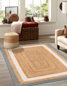Alfombra Rectangular Hecha a Mano de Yute Natural con Borde Gris y Blanco, Ecológica, para Sala de Estar Estilo Rústico - Product Image 1