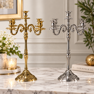 Ensemble de 2 candélabres en aluminium argenté et doré à 5 bras de qualité supérieure, parfaits pour un mariage élégant et une décoration de Noël à un prix abordable - Product Image 1