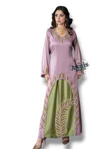 Ensemble 2 pièces de luxe AWAIS HOUSE pour femmes musulmanes, kaftan simple et sobre en velours perlé, coupe trapèze longue jusqu'au sol, vente en gros - Product Image 2