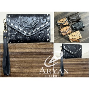 Premium Quality 2026 Hand Tooled Genuine Cowhide Leather <b>Wristlet</b> Wallet Floral Pattern for Women's Card Holder RFID Wallets - Product Image 1