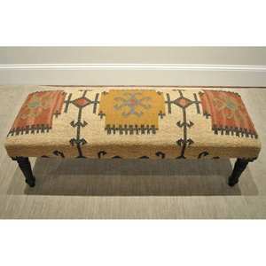 Banco Kilim de Yute y Lana Hecho a Mano con Patas de Madera Maciza – Banco Otomano Tapizado de Lujo - Product Image 4