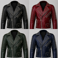 Blouson de motard slim en cuir véritable pour homme, style punk rock, avec logo personnalisable sur le devant, coupe-vent et doublure Sherpa, idéal pour l'hiver