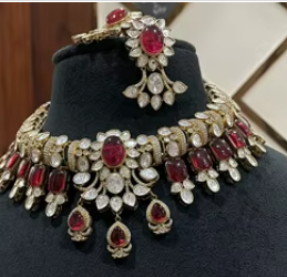Ensemble de collier et boucles d'oreilles en pierres doubles Kundan plaqué or de qualité supérieure, exclusif, pour collection de mariage, pour femmes - Product Image 2