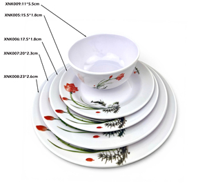 Juego de Vajilla de Melamina Zen Asiática Tradicional, 4 Platos Redondos Planos, Tazón con Diseño de Plantas, Color Rojo Pigmentado, Apto para Lavavajillas, para Fiestas - Product Image 6