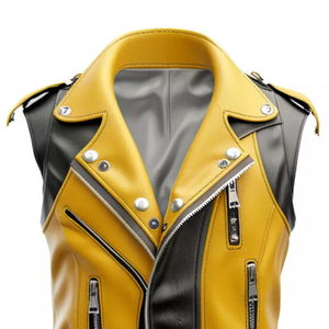 Chaleco de Moto Personalizado para Hombre en Cuero PU, Color Amarillo y Negro con Bloques de Color, Cierre de Cremallera, Cuello Camisero, Sin Mangas, Estilo Otoñal - Product Image 3