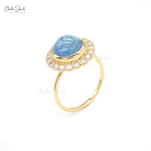 Anillo Clásico Art Deco con Gema de Aguamarina de 10 mm con Bisel y Halo de Diamantes en Oro Amarillo Fino de 14k, Diseño Moderno, Talla US-7 - Product Image 2