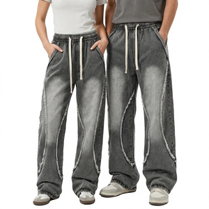 Pantalones Harem de Mezclilla Lavada para Hombre y Mujer, Ajuste Holgado, Cintura con Cordón, Diseño Desgarrado, Estilo Casual, Algodón de Peso Medio, Ropa de Otoño - Product Image 1