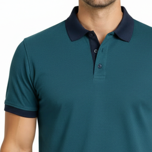 Polo classique pour homme en bleu marine, col contrastant, coupe ajustée, manches courtes, décontracté, pour le golf - Product Image 3