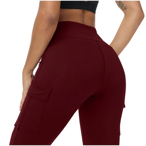 Leggings évasés taille haute pour femmes, couleur unie rouge vin, pantalon extensible en tricot avec poches, longueur intégrale, vêtements de yoga - Product Image 2