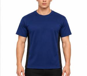 T-shirt pour homme bleu à manches courtes, col rond, coupe classique, séchage rapide, tricoté, 100% coton, couleur unie, logo sur le devant - Product Image 1