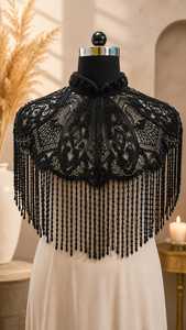 COTTON COUTURE Black Beaded Polyester Cape with Fringe Embroidery Decorative <b>Wrap</b> <b>for</b> Adult <b>Wedding</b> Party Wear - Product Image 4