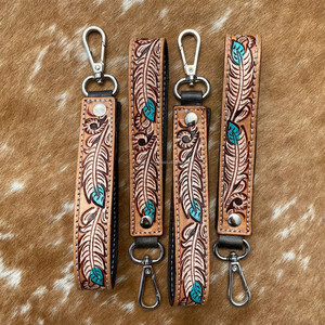 Turquoise & White Feather Tooled Wristlet Porte-clés en cuir Porte-clés personnalisé-Cowgirl Car Key Western Key Strap Wrist Keychain - Product Image 3