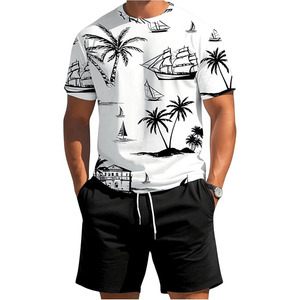 Conjuntos de 2 Piezas para Hombre, Camiseta de Manga Corta con Estampado Tropical y Pantalones Cortos con Cintura Ajustable - Product Image 1