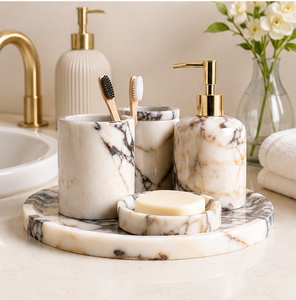 Ensemble d'accessoires de salle de bain en marbre de qualité supérieure, 4 pièces, en pierre naturelle, fabriqué à la main, distributeur de savon liquide, porte-brosse à dents, plateau pour la maison - Product Image 6