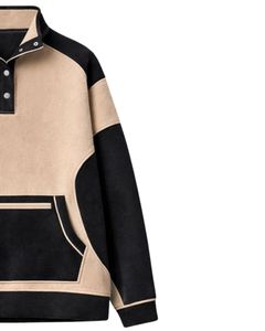 Sweat-shirt personnalisé beige et noir pour femme, en molleton, à capuche, coupe oversize, col montant à boutons-pression, décontracté d'hiver, avec poche zippée - Product Image 4