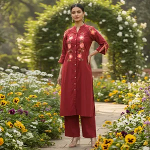 Ensemble Kurta en coton brodé rouge pour femmes avec travail floral à la main, manches trois quarts, col mandarin, longueur cheville, tenue décontractée - Product Image 4