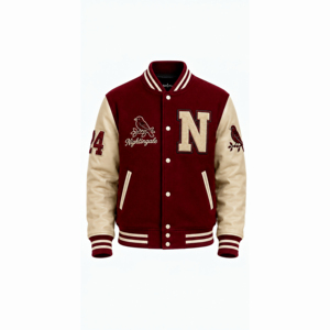 เสื้อแจ็คเก็ตเบสบอลแบบ Varsity ปักลายเชนิลล์ตามสั่ง ระบายอากาศได้ดีสำหรับฤดูหนาว พร้อมโลโก้ด้านหน้า แขนเสื้อหนังผสมขนสัตว์แบบกำหนดเอง - Product Image 1