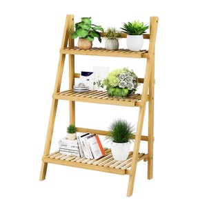 Aqdus Saleem BM-LSP018 Bamboo Ladder Tiered Plant Stand | Mid Century Modern Outdoor Wholesale Natural Honey Wooden <b>Planter</b> - Product Image 3