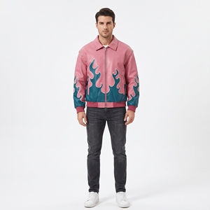 Blouson Bomber en Cuir pour Homme Dumela, Imprimé Flamme, Style Moto, Col Rabattu, Fermeture Éclair, Coupe Classique Automne - Product Image 2