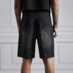 Shorts Bermuda en jean tissé pour homme, ornés de strass et de sequins, à motif croisé, taille mi-haute, style urbain - Product Image 3