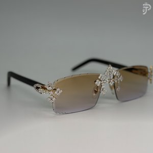 Luxuriöse Runde Kreuz-Brille Rhodium-Plattierte Sonnenbrille Iced Out Kristall-Kreuz-Design-Rahmen Verlaufsglas Holzgläser Modische Brillen - Product Image 4