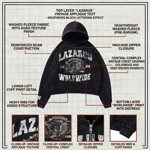 Sudadera con capucha negra con cremallera para hombre, estilo oversize, streetwear, con estampado gráfico de letras y efecto lavado, logotipo personalizado, OEM ODM - Product Image 4