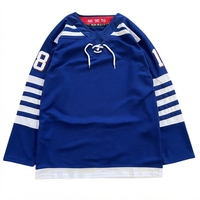 Jersey Hoki Sublimasi Pria Kustom Biru Putih Bergaris Lengan Pendek Musim Panas Anti Lembab Cepat Kering Seragam Latihan Pertandingan