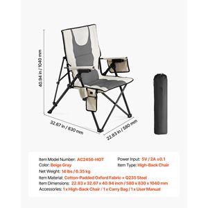 Sedia da Campeggio Pieghevole con Schienale Alto, Funzione Riscaldante, 3 Livelli di Calore, Completamente Imbottita in Tessuto Oxford, Sedia da Spiaggia con Braccioli, Supporta fino a 120 kg - Product Image 2